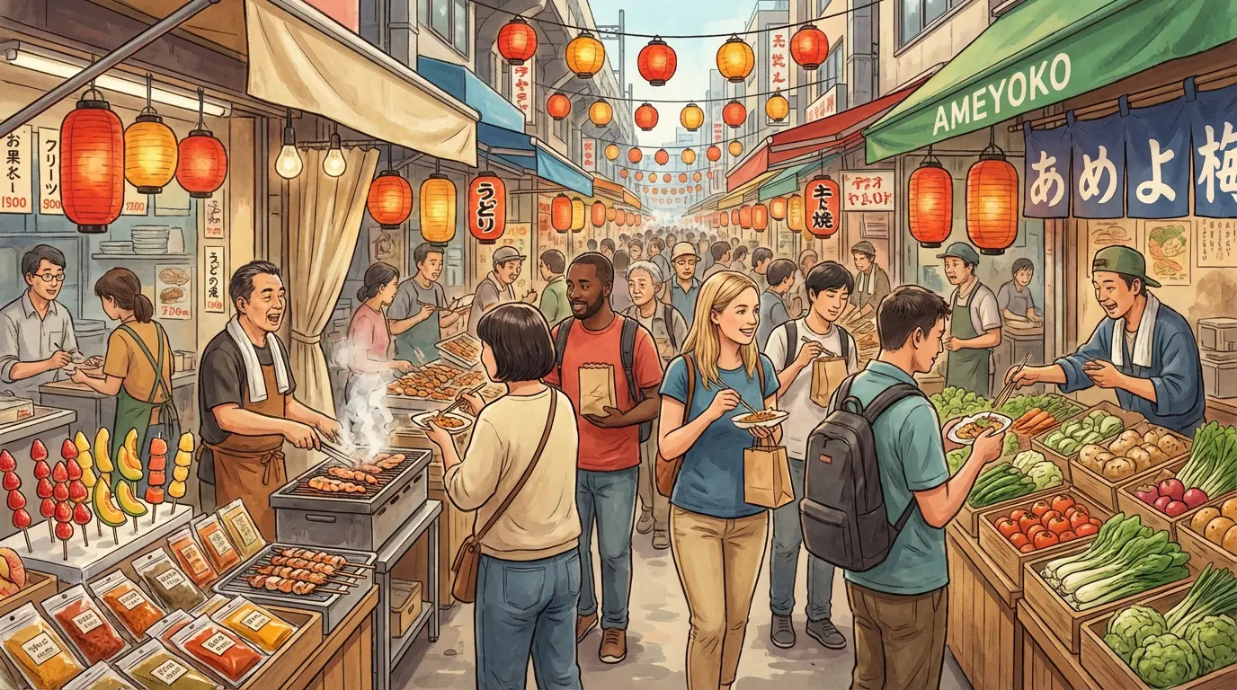 A colorful street scene showing Ameyoko market stalls, shoppers, and fresh food displays including skewered fruits and grilled seafood