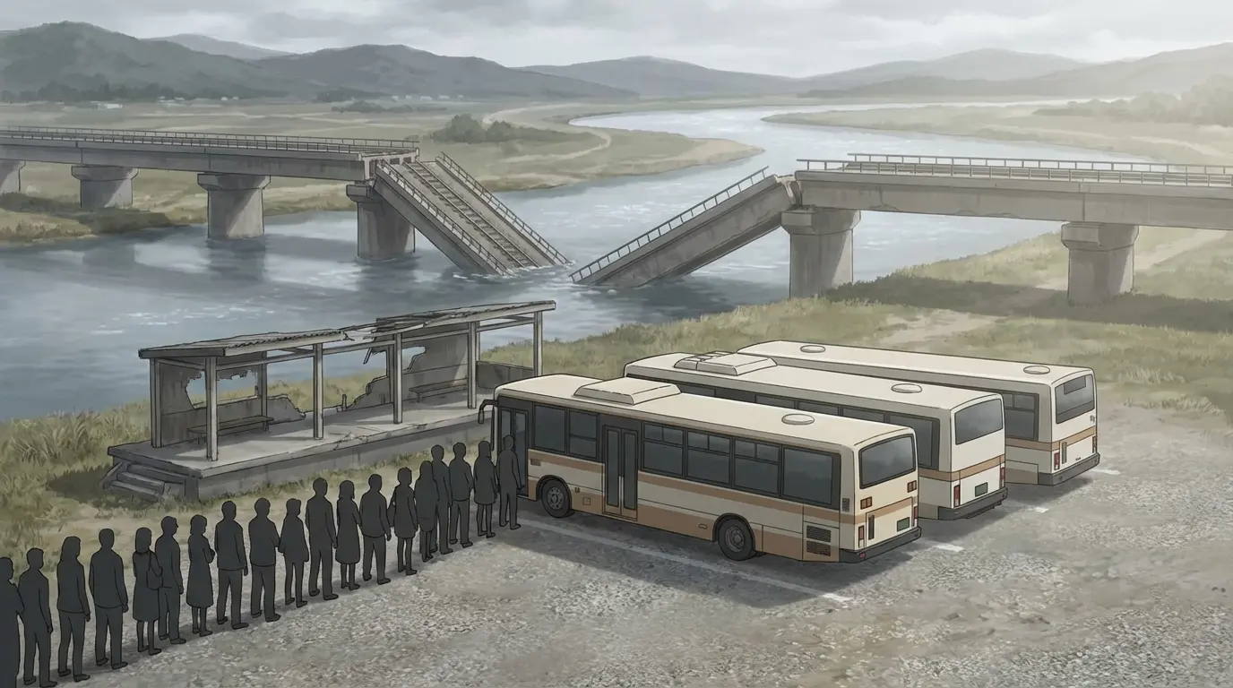Damaged railway bridge and replacement buses at Hachinohe Station