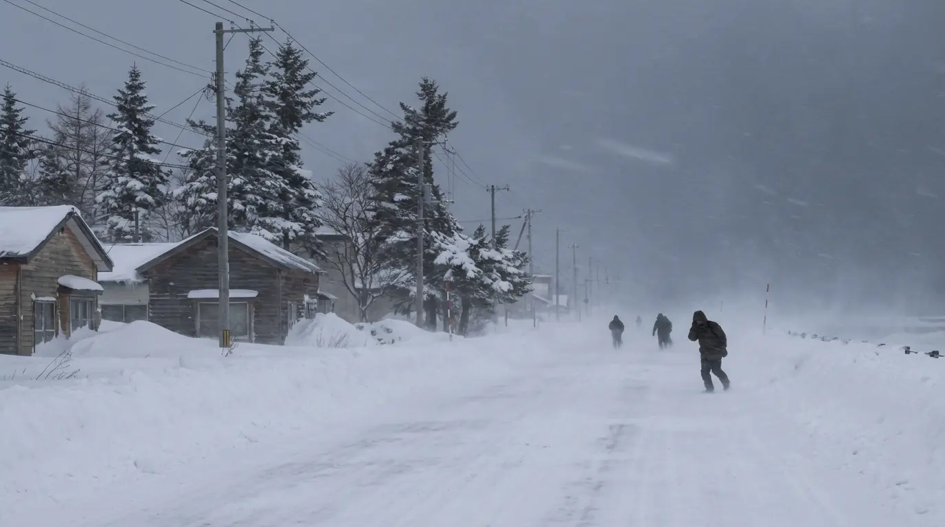 北海道の強風と大雪を示す冬景色。横に吹く雪、雪に覆われた街路樹、視界が悪い様子を描写。