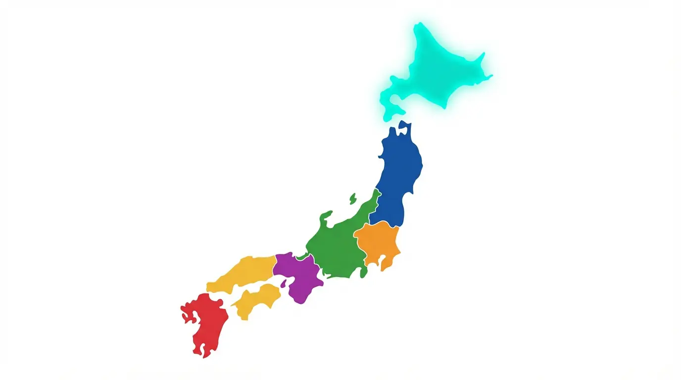 Colorful flat map of Japan showing major regional accent areas with Hokkaido highlighted