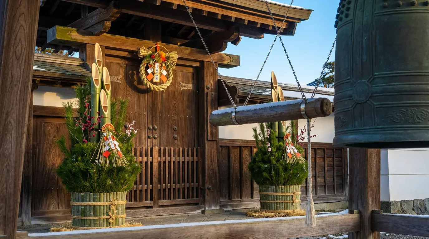 Traditional New Year decorations and temple bell