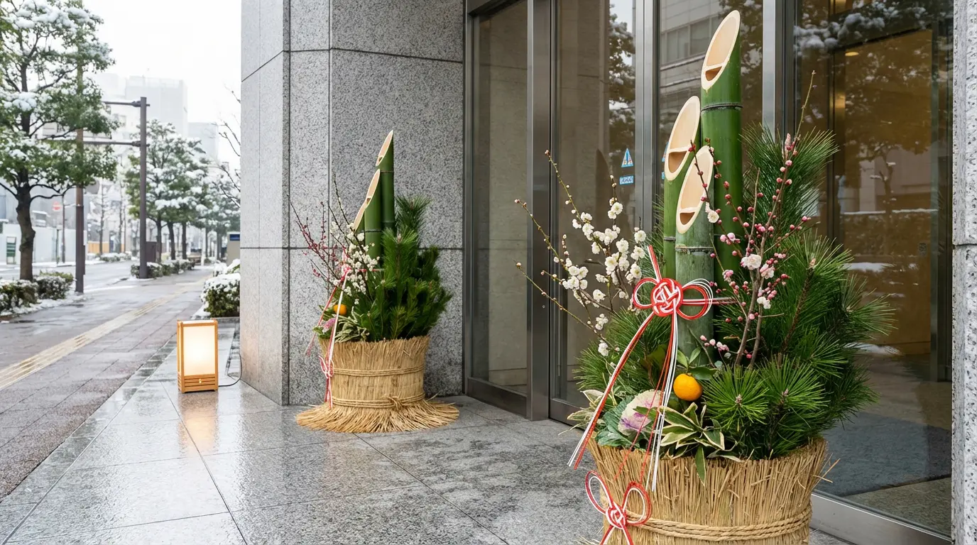 Traditional kadomatsu pair outside a Tokyo entrance during New Year