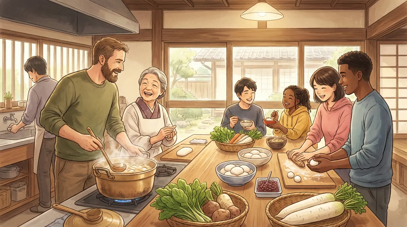 A warm community kitchen scene showing Japanese and foreign participants smiling and cooking together. Large pots steam on a stove while bowls of mochi and a tray of azuki beans sit on the table. People stir, serve, and share food, conveying cultural exchange and joy.