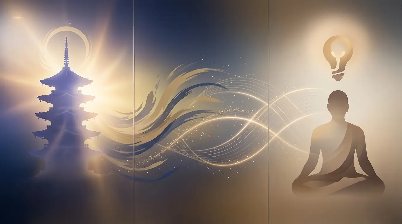 Abstract depiction of the kanji evolution from god-like awe to modern intelligence