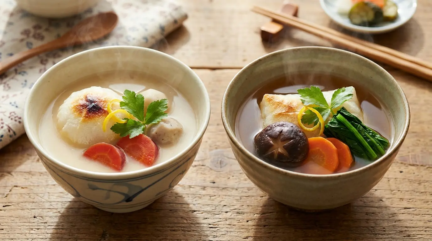 Two bowls of Ozoni showing Kansai and Kanto styles
