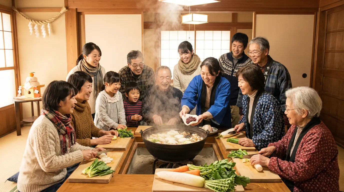 坂出市のコミュニティキッチンで、日本人と外国人の参加者が大きな鍋を囲んで雑煮を作る温かい風景。伝統的な冬の服装をまとい、蒸気が立ち上る鍋や切り分けられた野菜、あんこ入りの餅が見える。正月の飾りがそっと置かれている。