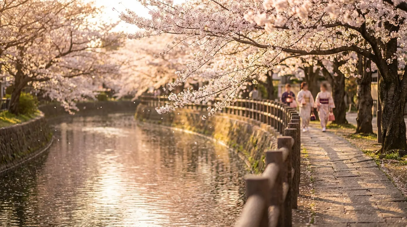 Cherry blossoms along a Japanese riverside in full bloom