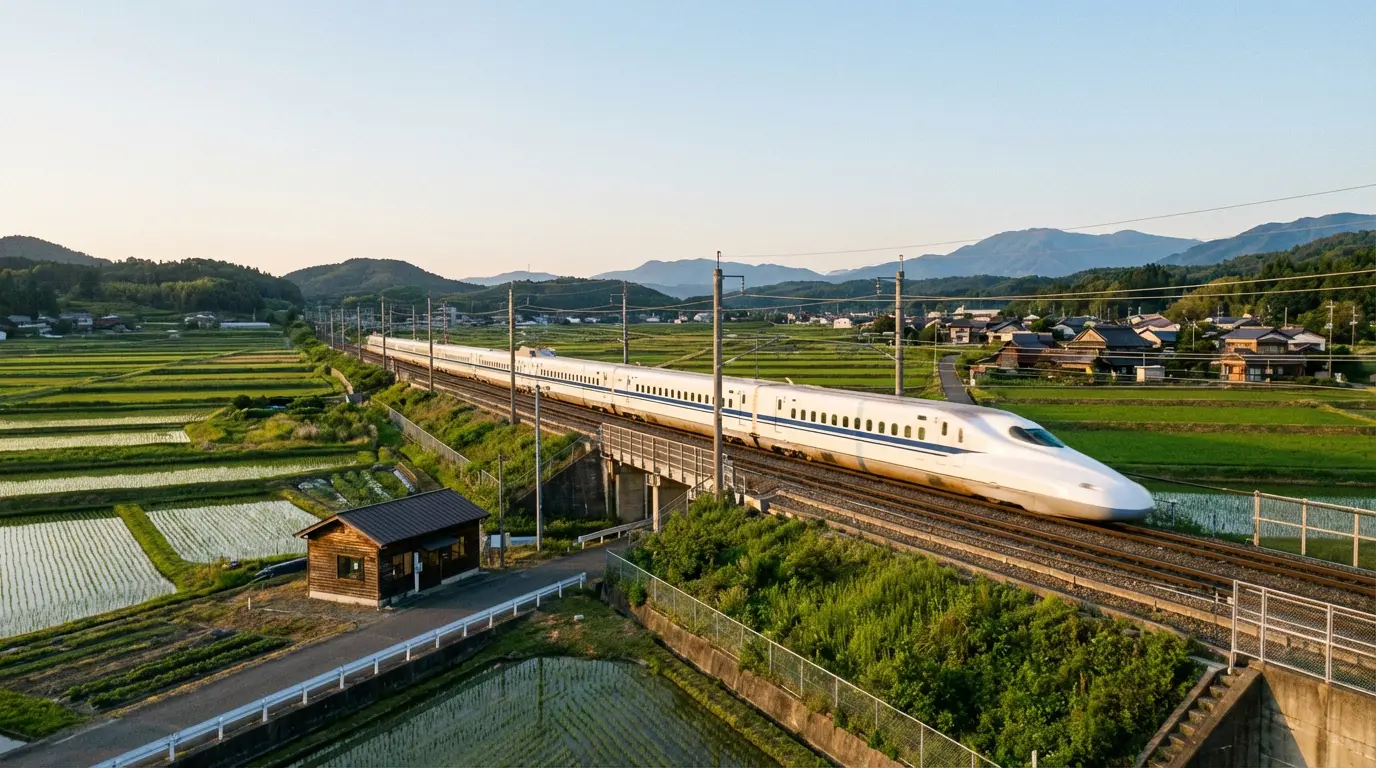 Shinkansen passing through Japanese countryside