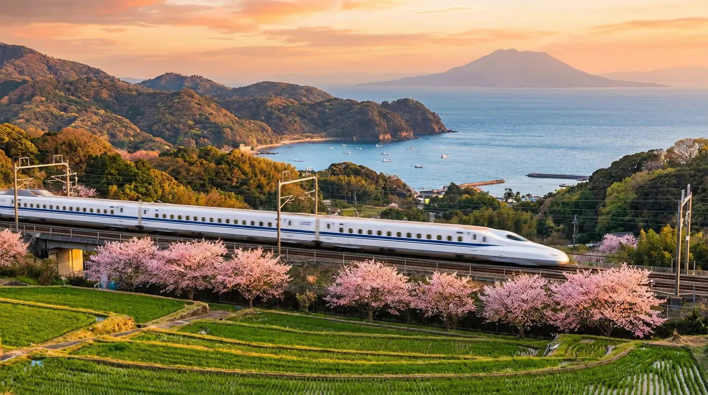 Shinkansen passing through Japanese landscape