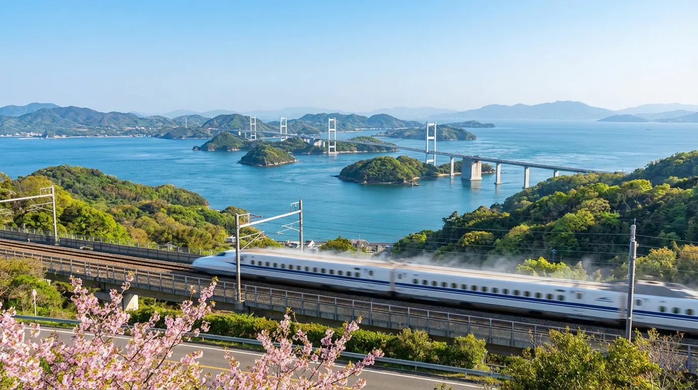 Shinkansen speeding through coastal islands and bridges