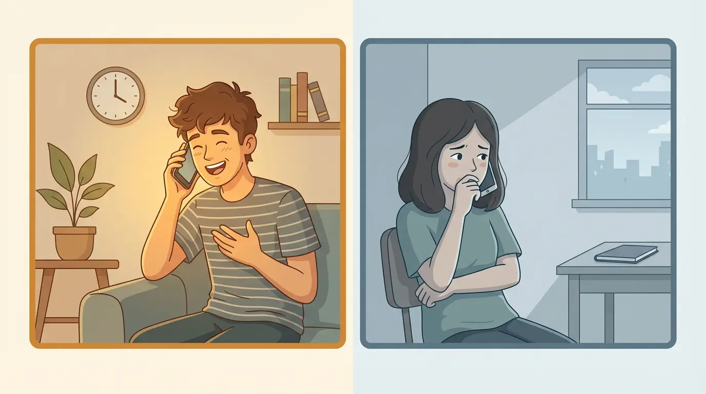 Split-screen illustration of two siblings on a phone call; brother leans forward smiling while sister turns away, holding the phone loosely with a hesitant expression. Visual cues show avoidance and emotional distance.