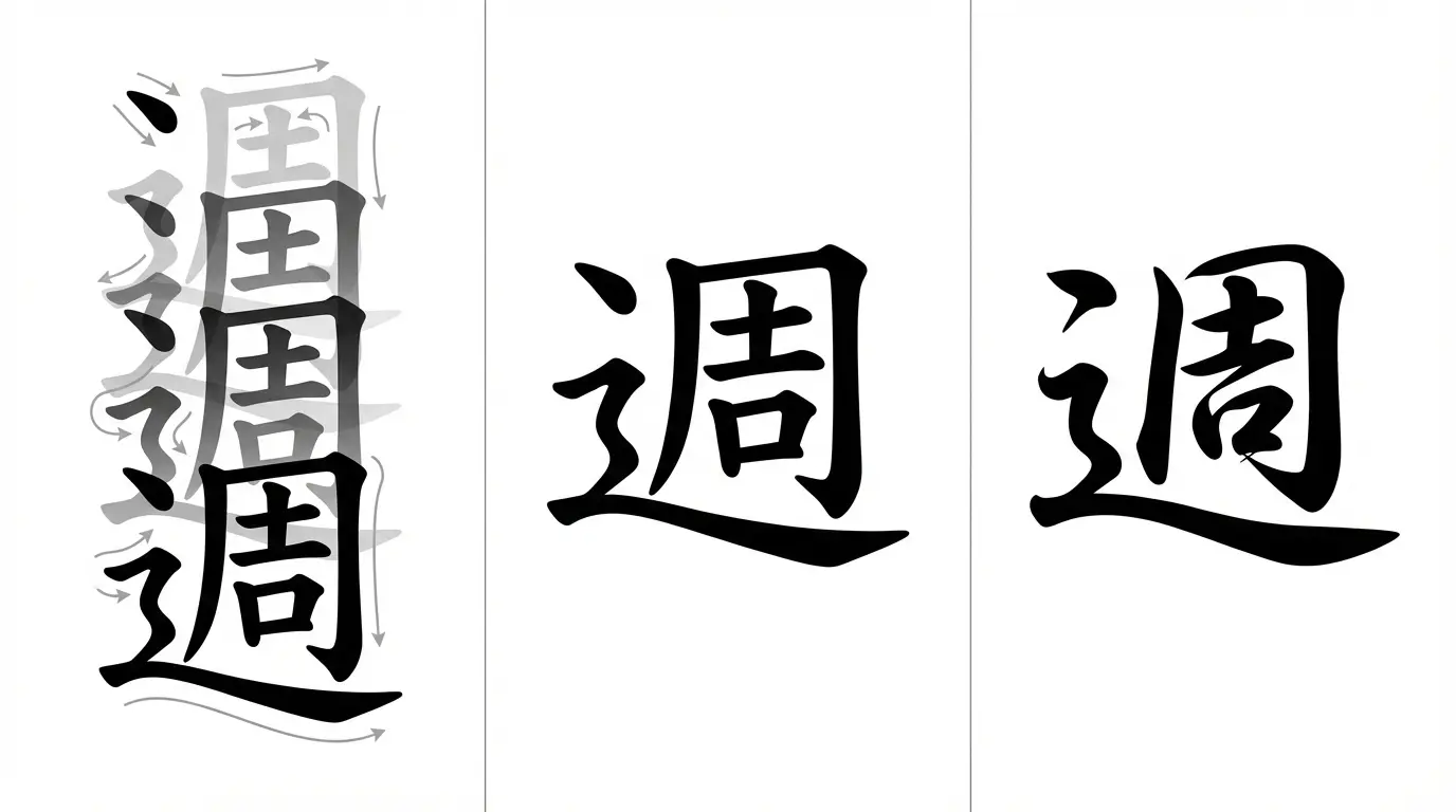Stroke order and script styles for the kanji 週