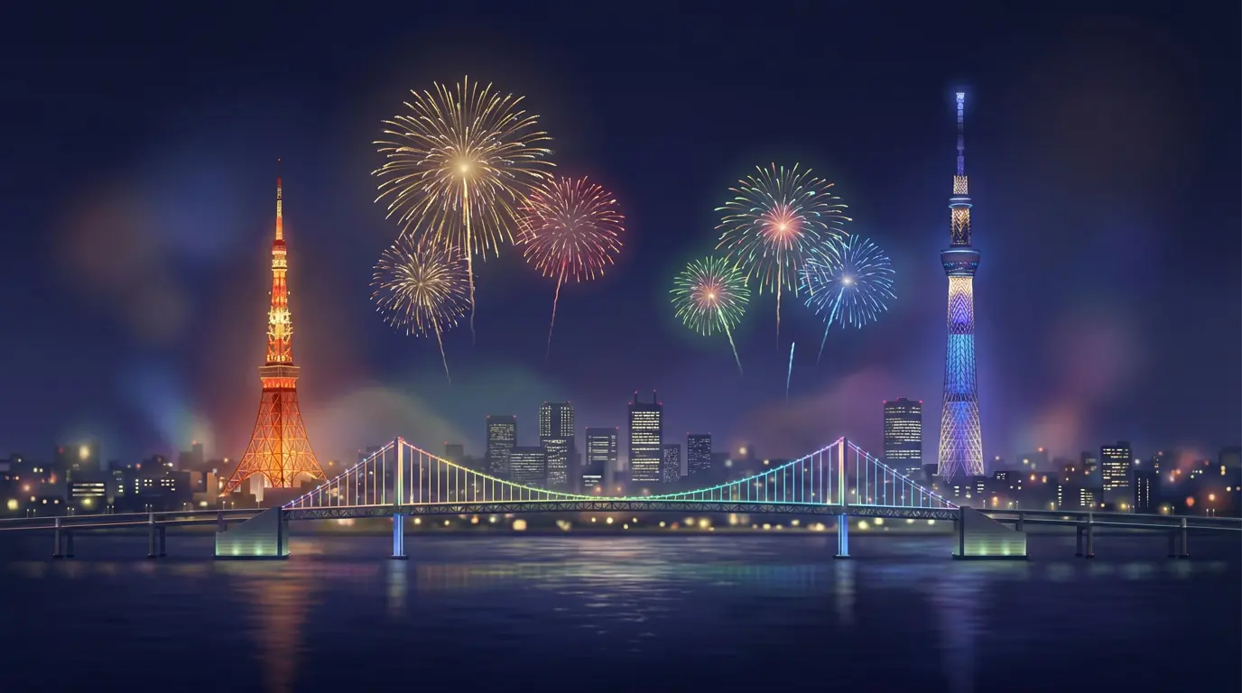 Tokyo night cityscape with fireworks