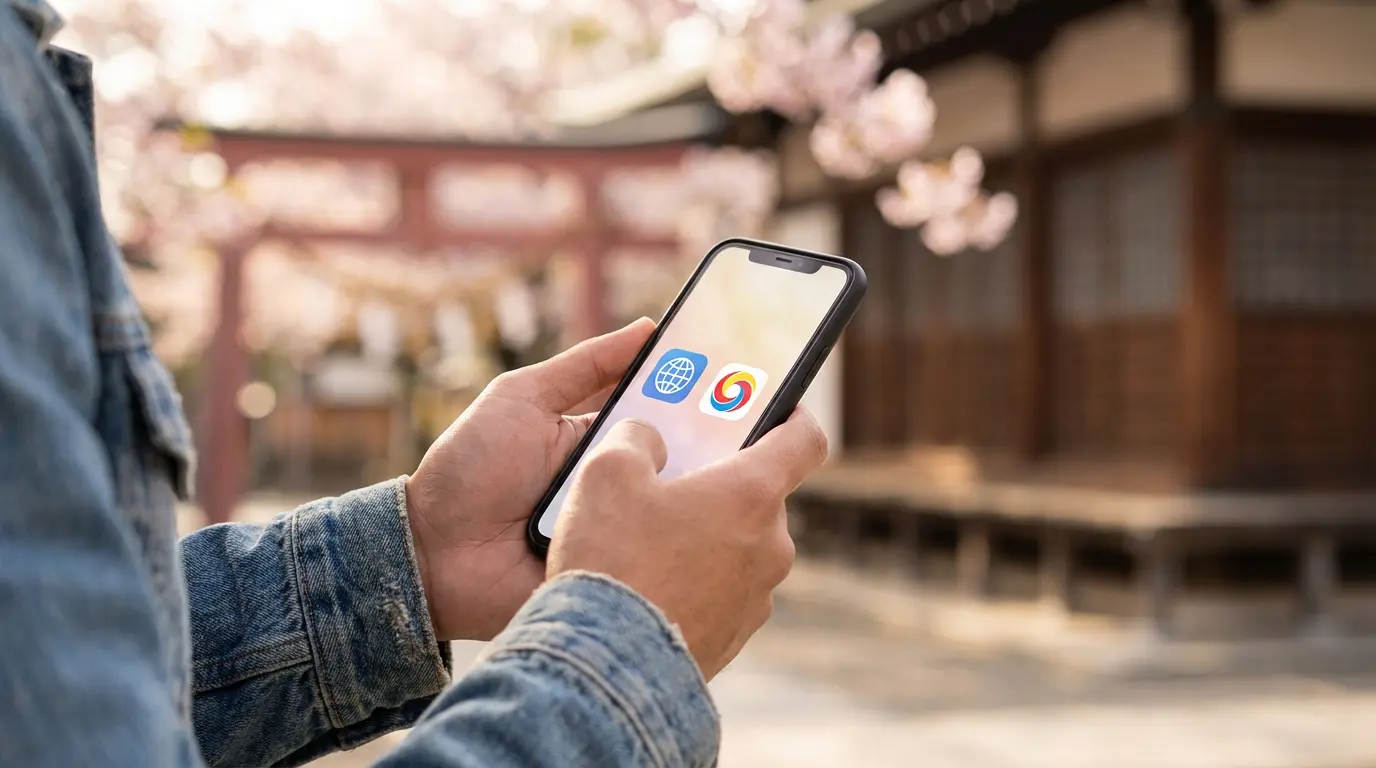 Foreign tourist using smartphone in Japan