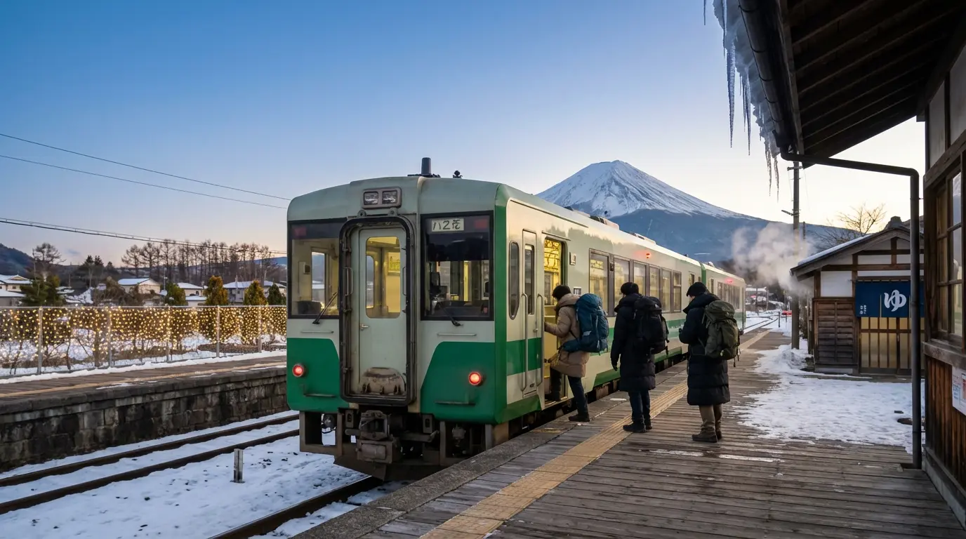Winter train platform with Mt Fuji and onsen steam