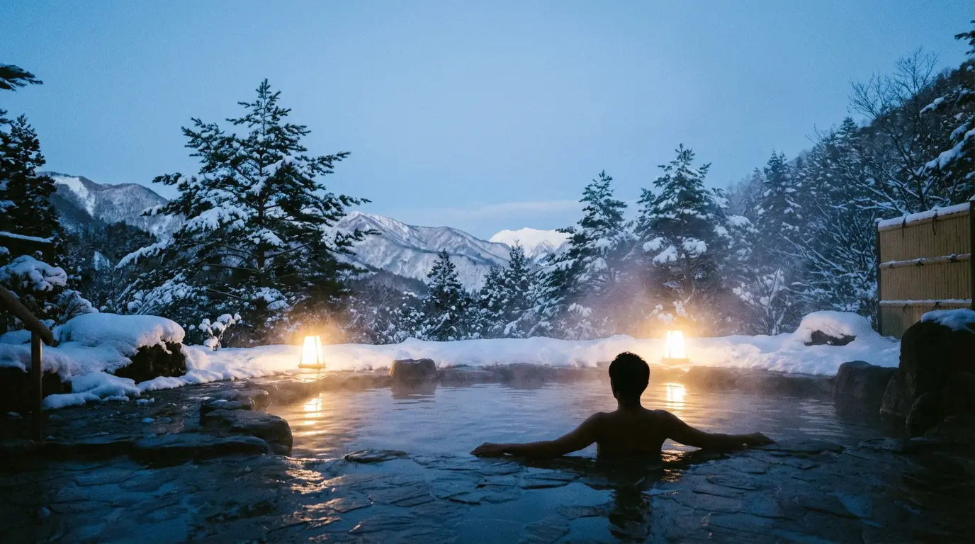Serene snowy landscape with hot onsen pool and distant snowy peaks