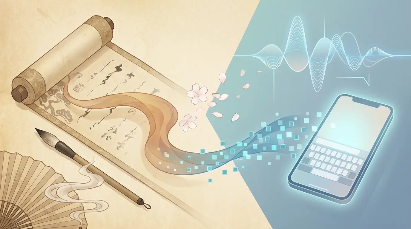 A split illustration transitioning from a warm sepia left side with a parchment, ink brush, and folded fan representing historical language, into a cool blue right side with a smartphone and waveform representing modern usage. Cherry blossom petals morph into pixels across the diagonal seam, symbolizing phonetic and orthographic evolution.
