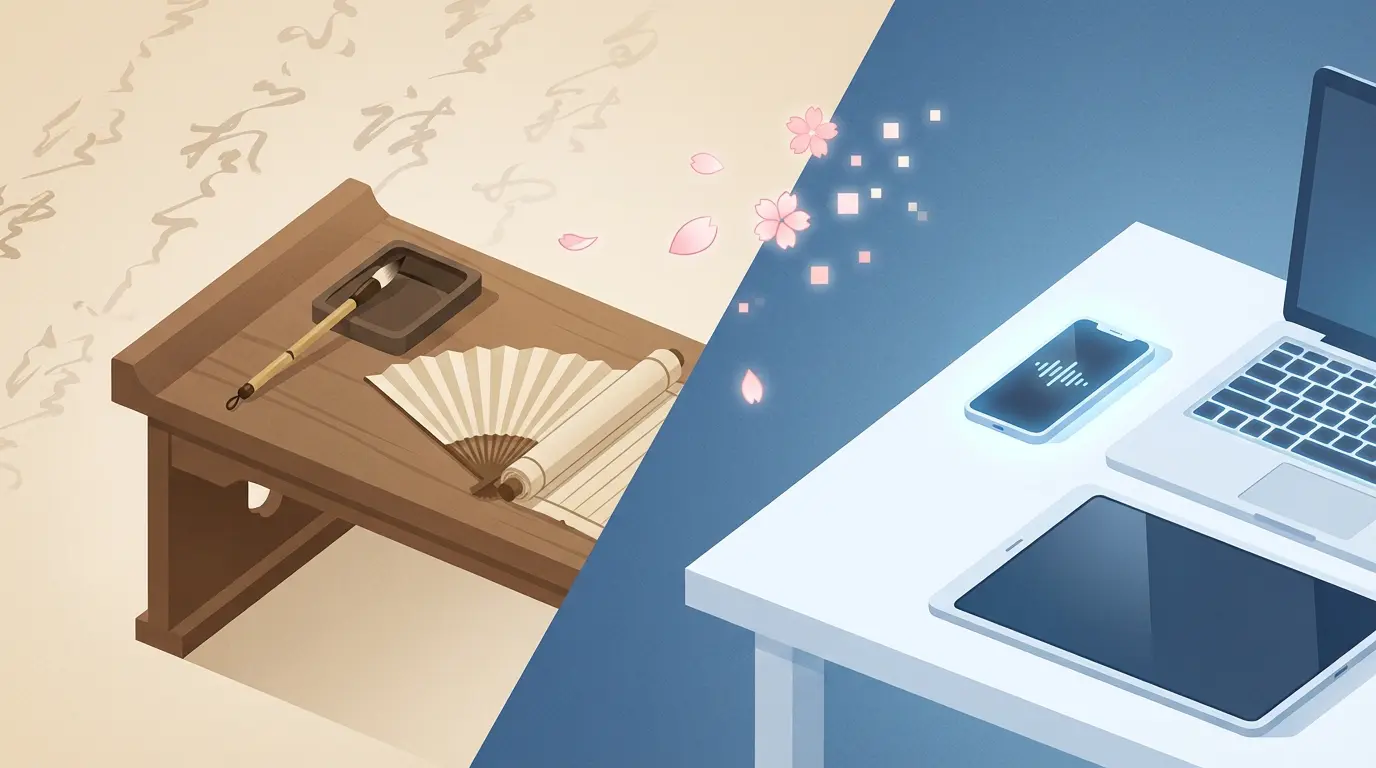 Split-scene banner. Left side in warm sepia with traditional Japanese writing tools including a brush, inkstone, folded fan, and parchment on a low wooden table. Right side in cool blue with a smartphone, laptop keyboard, and waveform representing modern usage. Cherry blossom petals morph into square pixels along the diagonal seam to symbolize phonetic and orthographic evolution. No text appears in the image.