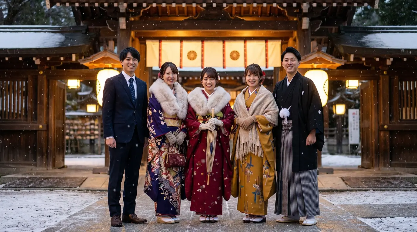 Coming of Age Day banner showing young adults in winter kimono outside a Shinto shrine