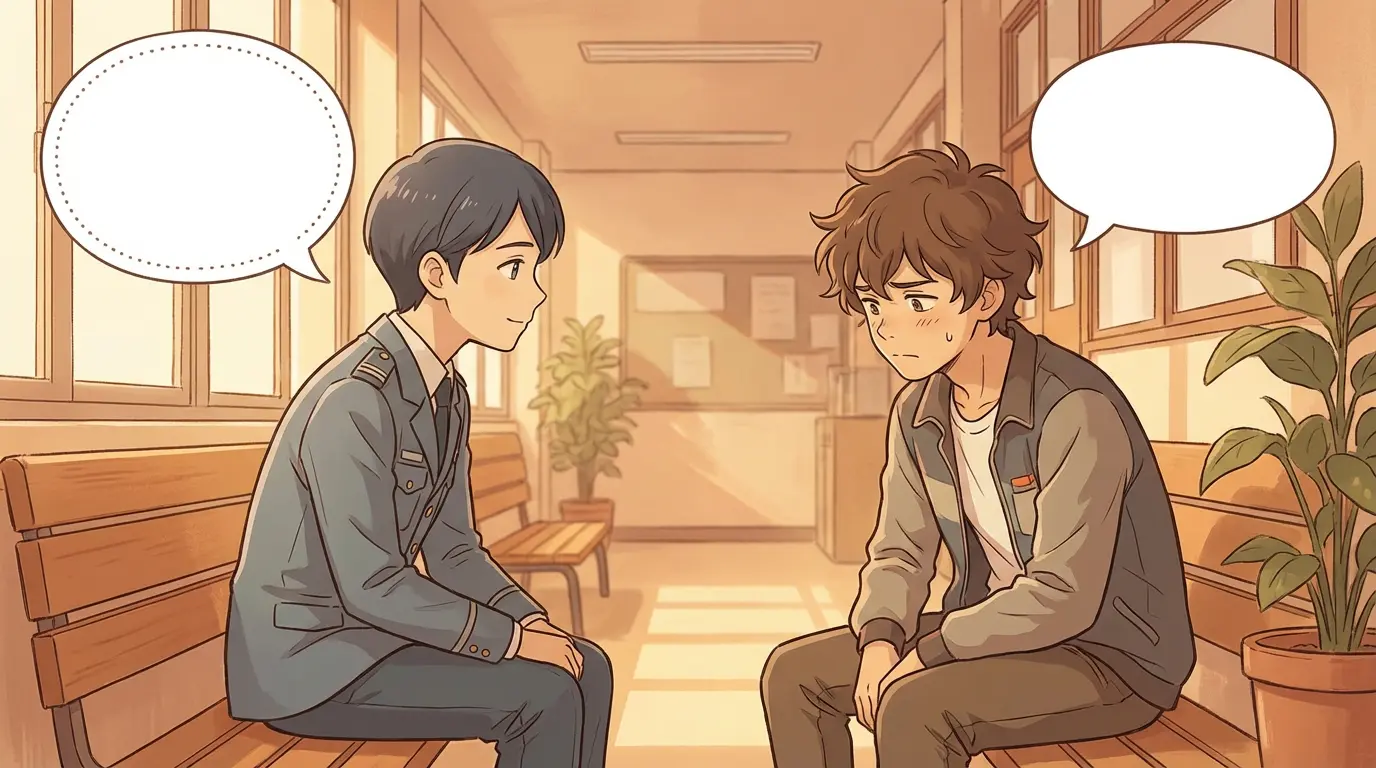 Two anime-style characters conversing, one a captain and one a junior member, in an informal briefing room with empty speech bubbles