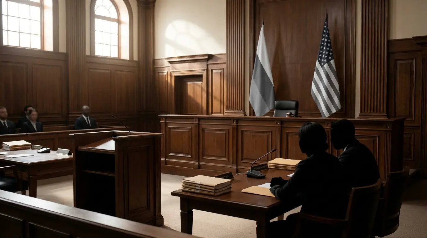 Courtroom interior with judge's bench, defendant table, witness stand, and gallery seating; warm wood tones and soft natural light; no text or identifiable faces.