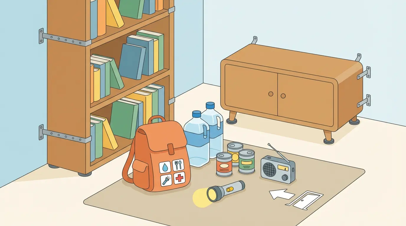 Illustration showing a living room corner with a tall bookshelf anchored to the wall, secured cabinet with non slip pads, an emergency kit backpack with universal icons, two water jugs, canned food, a flashlight and a battery radio, and a simple evacuation route icon on the floor mat.