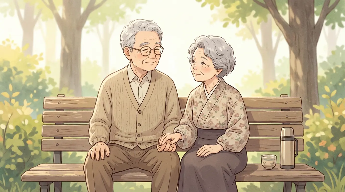 Elderly Japanese couple on a park bench