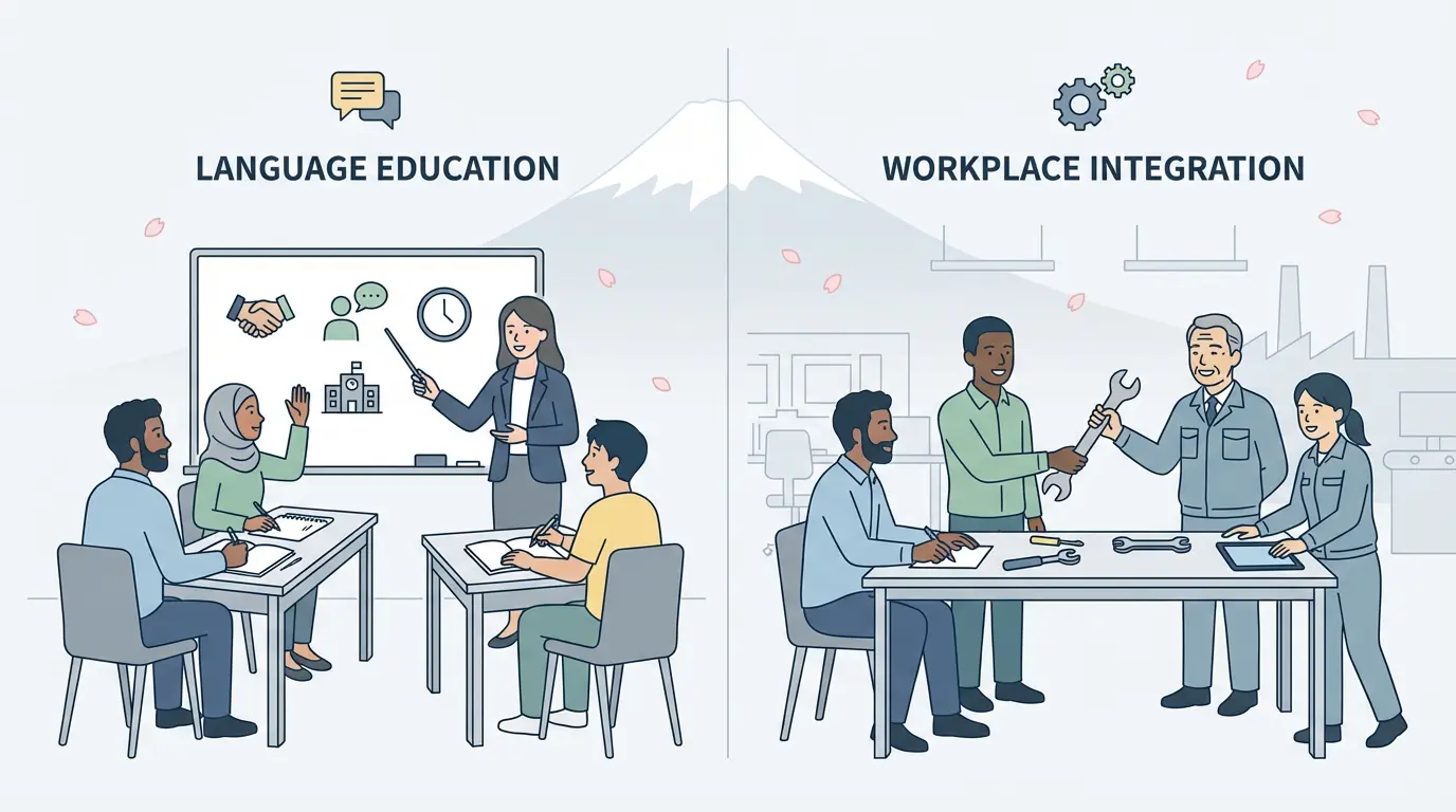 Foreign workers learning Japanese and integrating at work