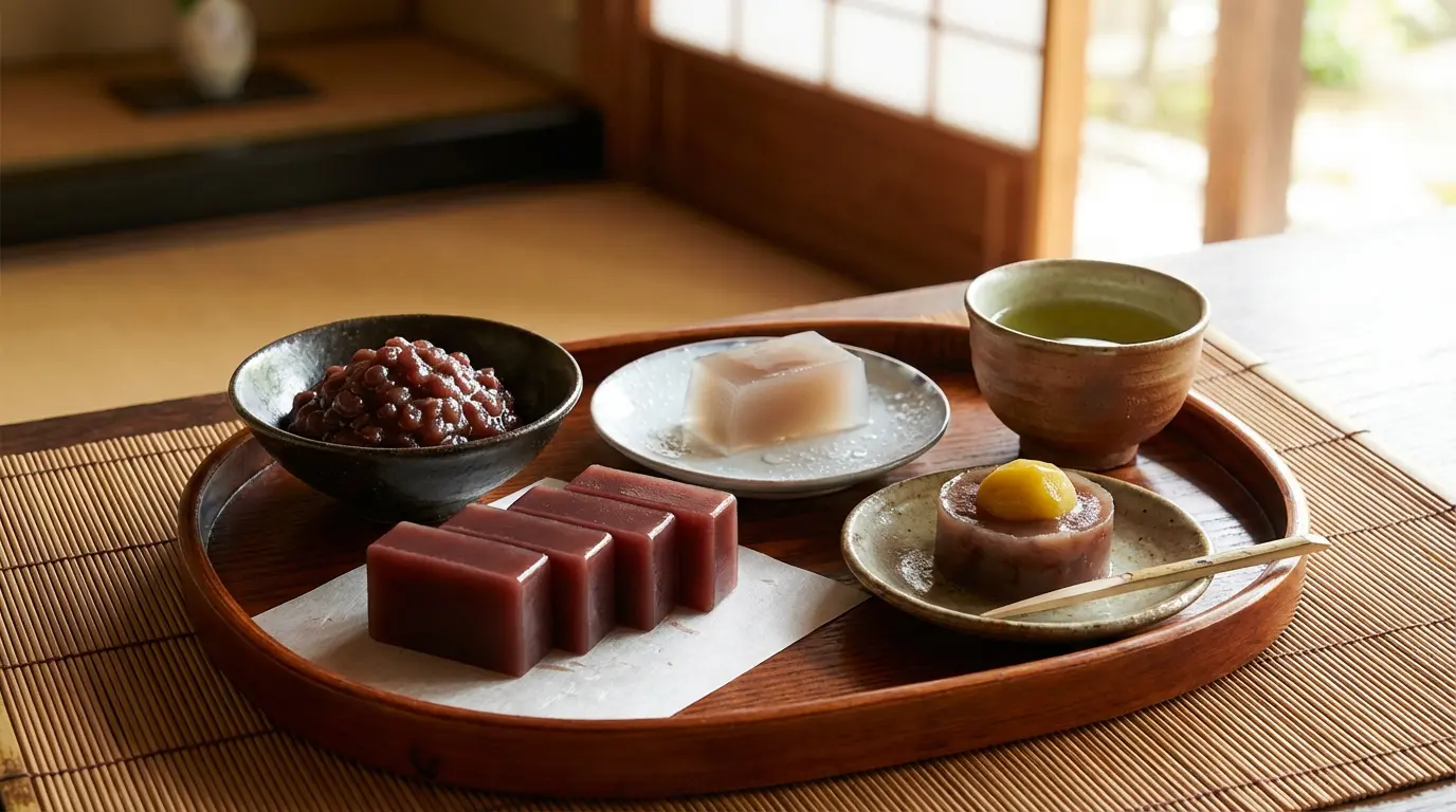 Traditional Japanese sweets: Hakko Anko and Yōkan display