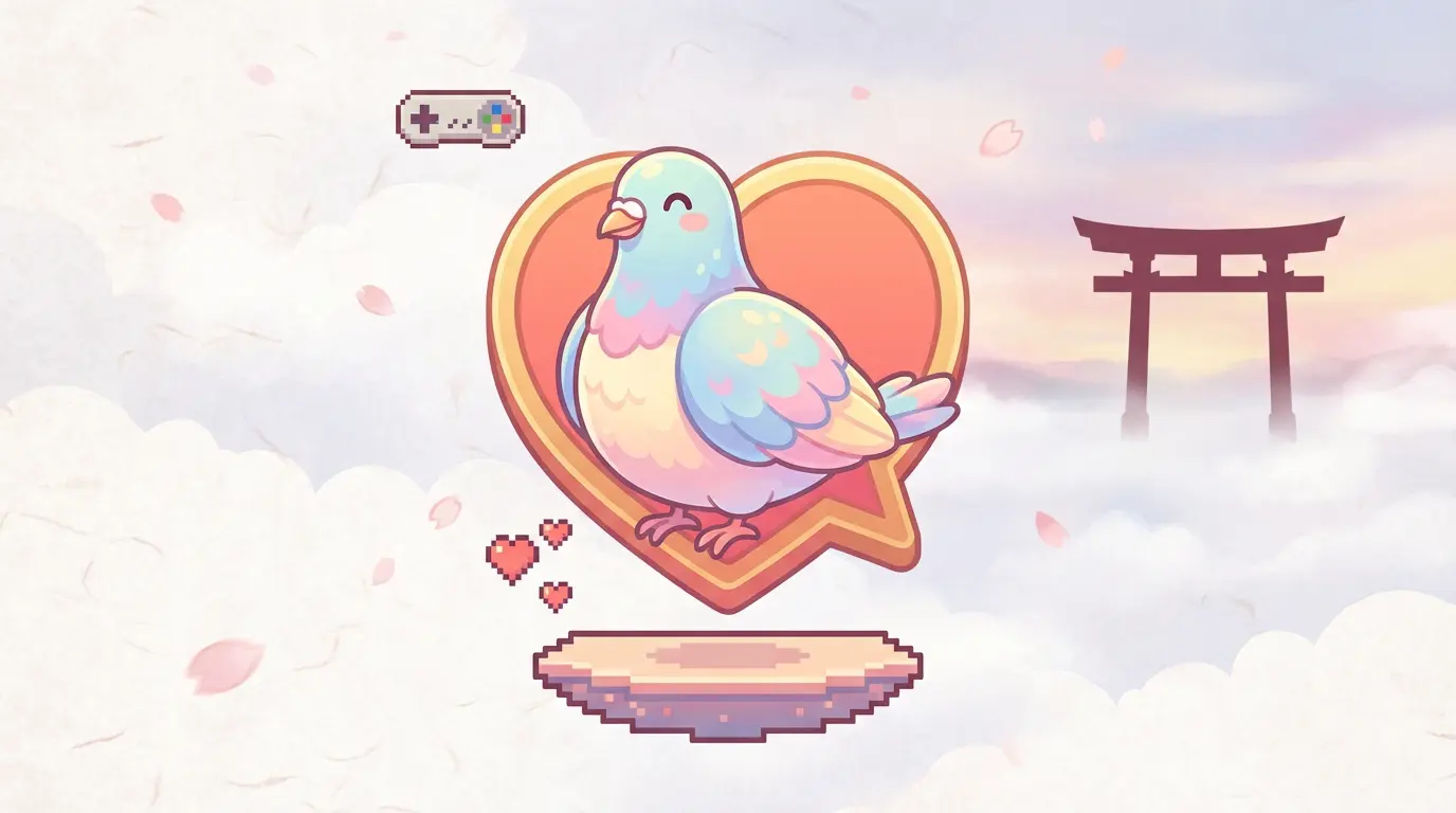 Dove illustration with cherry blossoms and subtle video game motifs