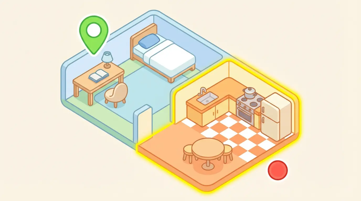Illustration of a room and kitchen with location and subject markers