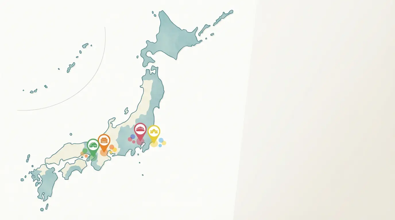 Map showing major Japanese concert venue locations and date markers