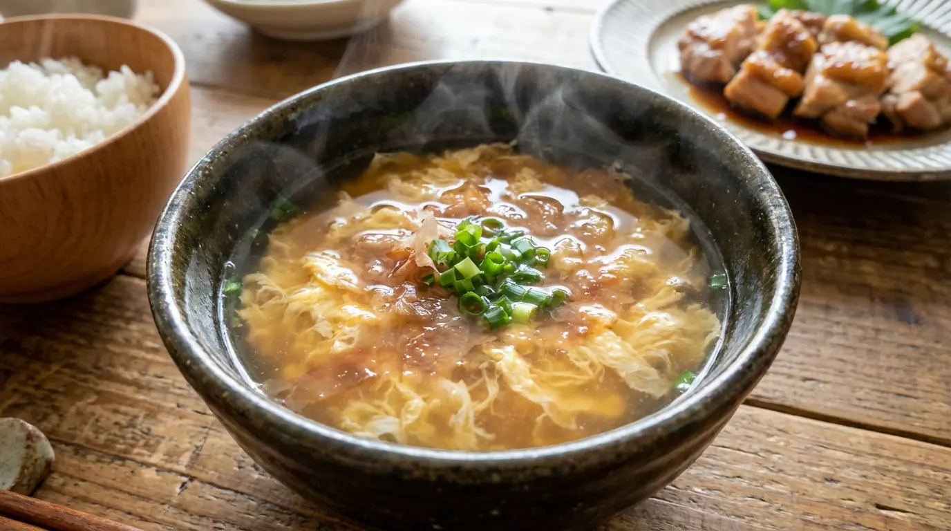 Kakitamajiru in a traditional bowl with rice and teriyaki chicken