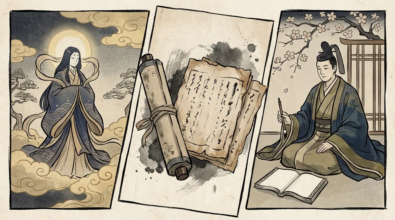 Illustration showing a left to right transition from a godlike figure with a golden halo, through aged scrolls and manuscripts, to a Heian era noble scholar holding a brush. Colors use indigo, rice paper beige, and soft gold, in a woodblock inspired style.