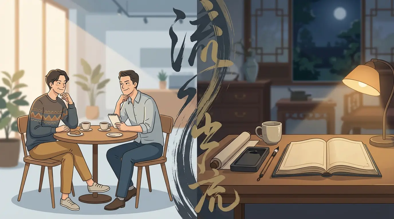 Split scene illustrating casual conversation and literary setting