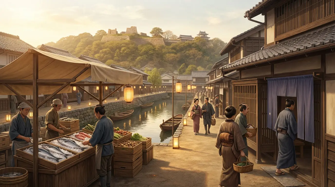 A late-afternoon, photo-realistic scene showing Tanabe Castle ruins on a low hill, a calm canal with stone embankments reflecting lantern light, a bustling seafood market stall with fish on ice in the foreground, and a traditional wooden bathhouse with a fabric noren to one side. Soft golden light highlights weathered wood, tiled roofs, and gleaming fish scales; small, non-identifiable figures suggest life without distracting from the historic setting.