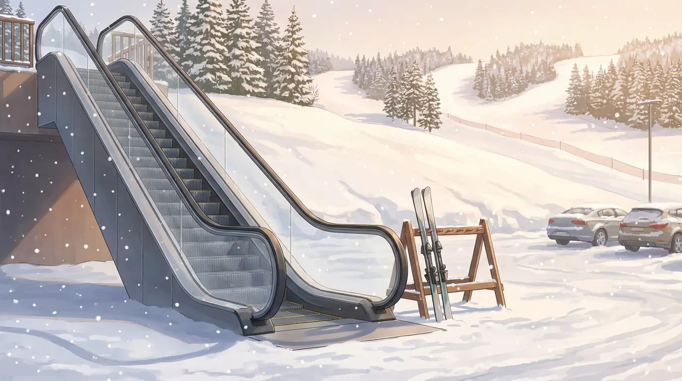 Ski resort escalator in snowy setting