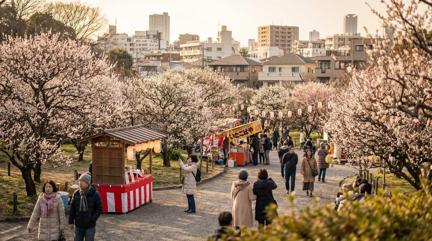 Scenic view of plum blossoms in Tokyo during peak season