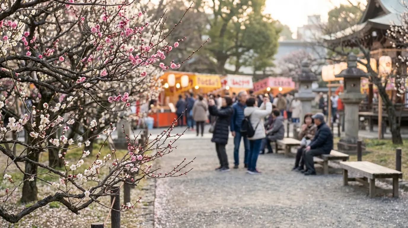 Hanegi Park plum blossoms during ume matsuri, Tokyo, visitors strolling past stone lanterns and festival stalls under soft morning light, perfect for hanami and photography