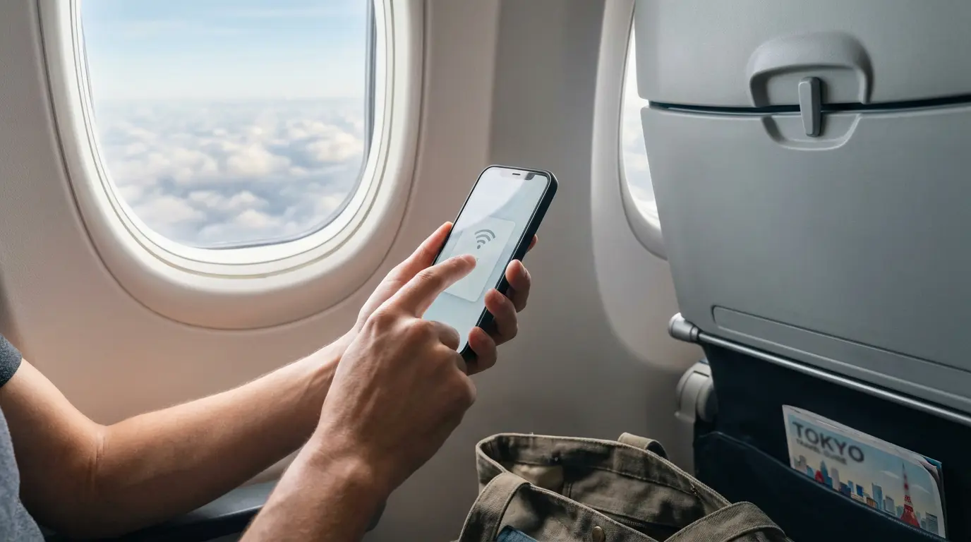 Traveler enabling Saily in-flight eSIM on a smartphone inside an airplane