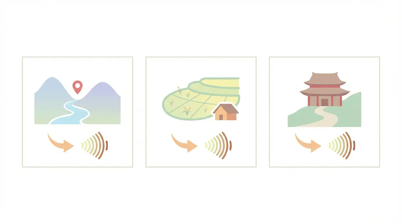 Illustration showing three panels: valley, house, temple with audio-wave icons and curved arrows
