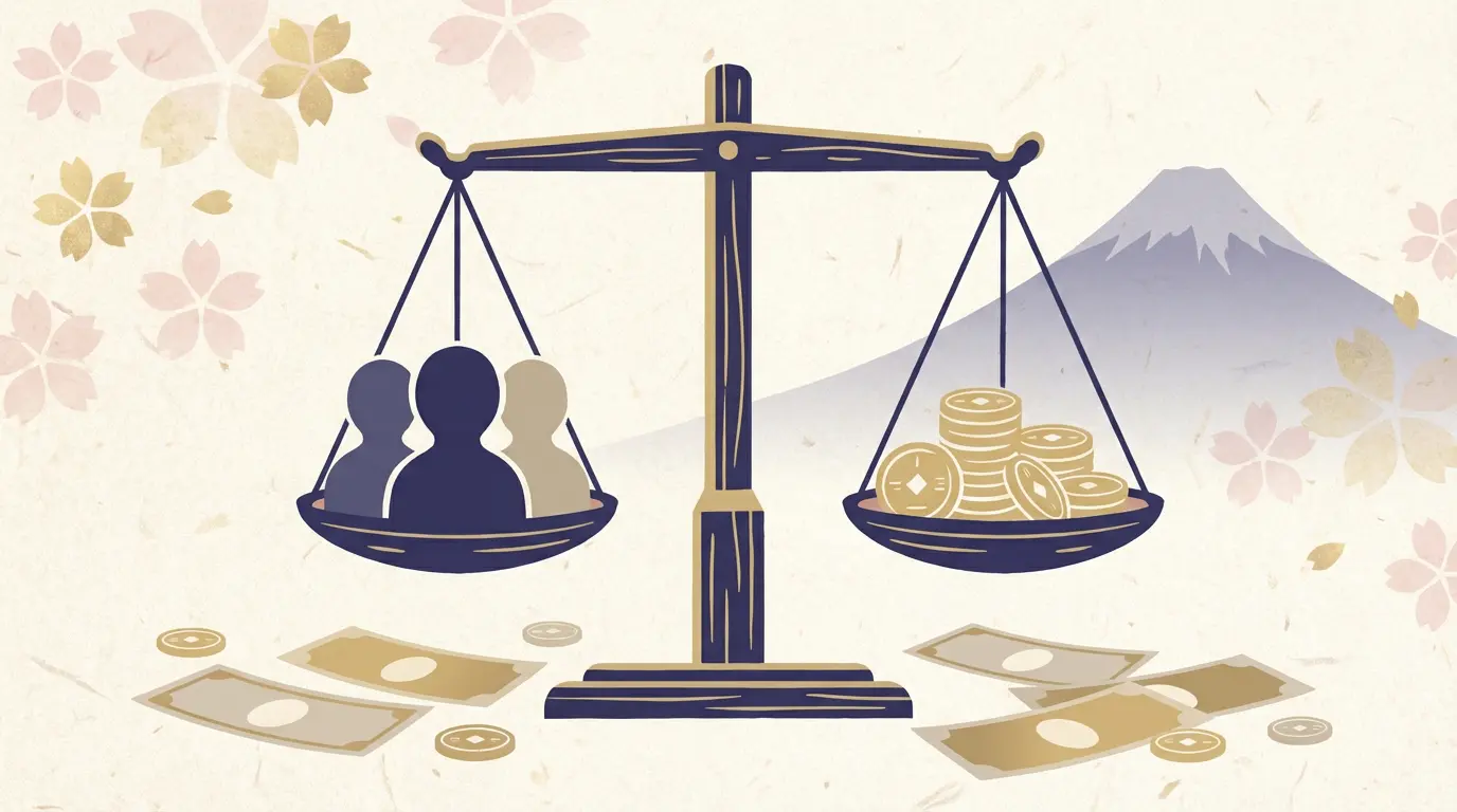 Symbolic illustration showing scales, coins, and a Japanese aesthetic background