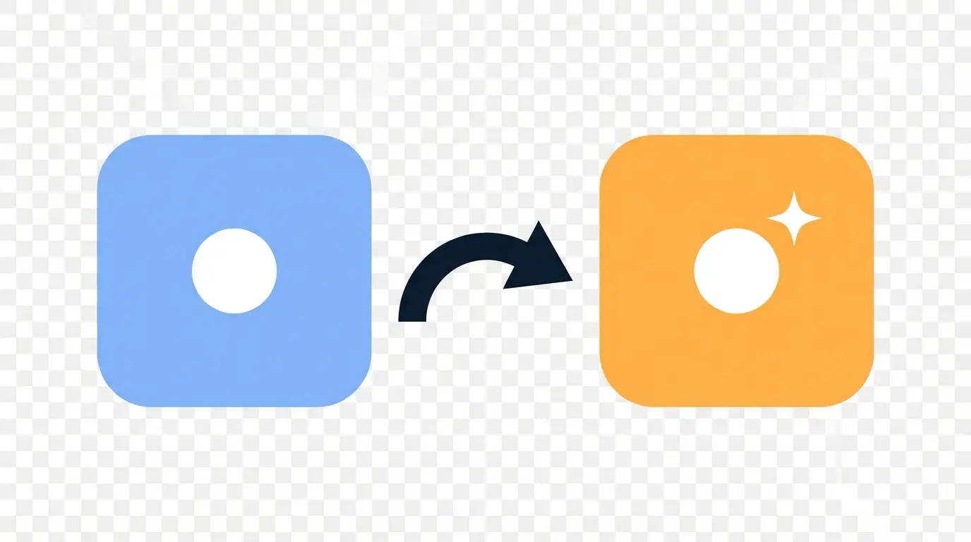 Simple colorful diagram showing a rounded blue shape transforming via an arrow into a warm orange shape with an extra sparkle, illustrating emphasis shift from standard to casual form.