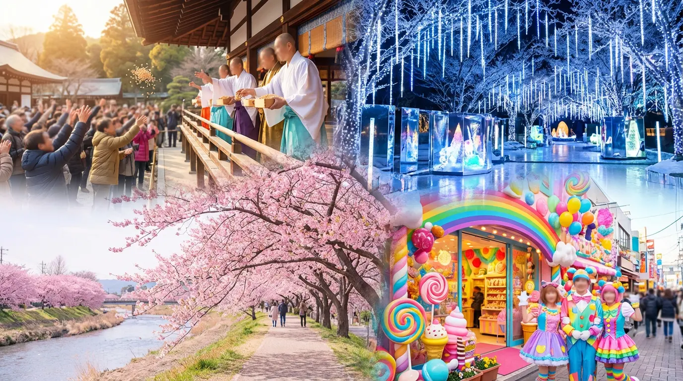 Collage showing Setsubun bean throwing at a temple, Kawazu zakura cherry blossoms by a riverside, Ashigakubo Icicles Illumination at night, and the colorful Kawaii Monster Land opening on Takeshita Street