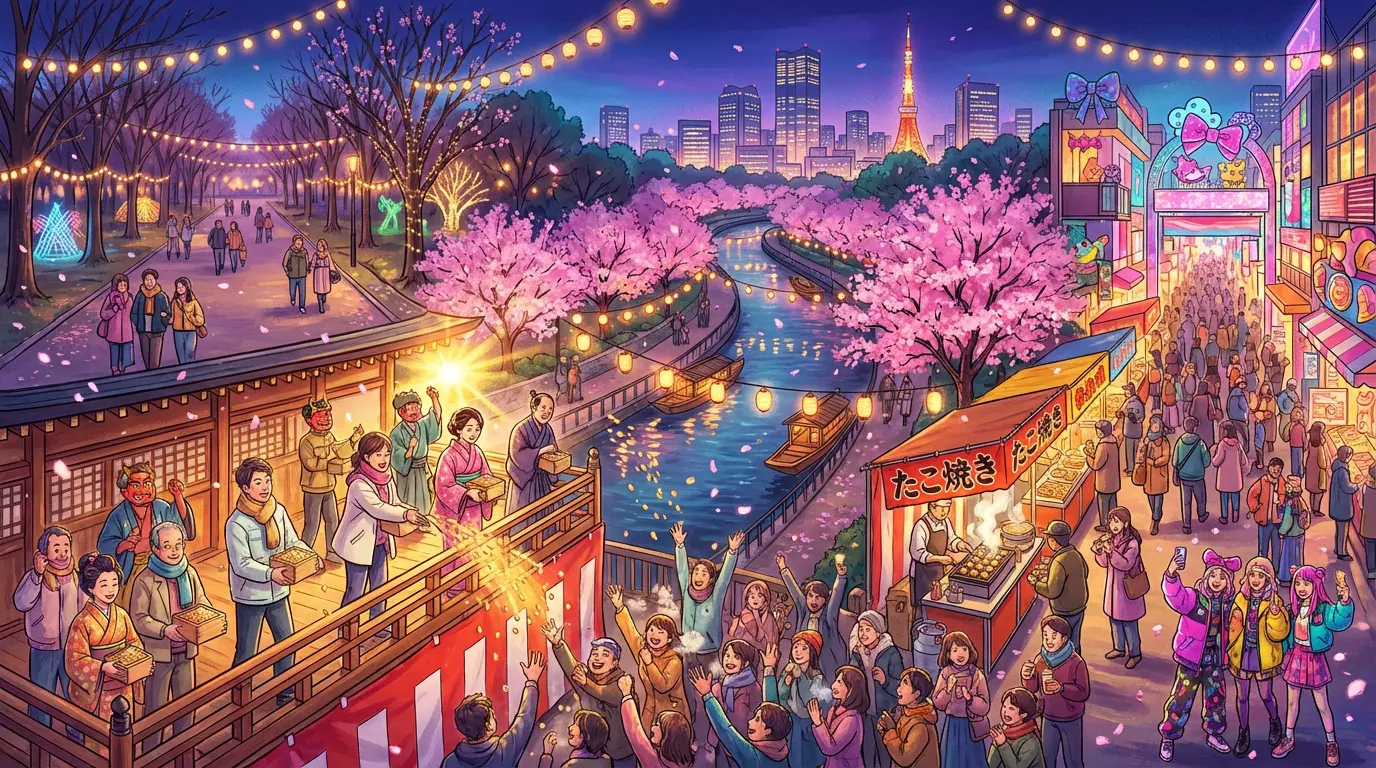 Tokyo festival scene showing Setsubun bean throwing, Kawazu-zakura, and nighttime illuminations