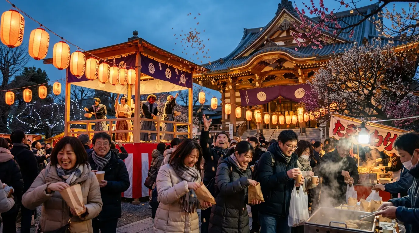 Tokyo festival atmosphere showing Setsubun bean-throwing, lanterns, and winter illuminations