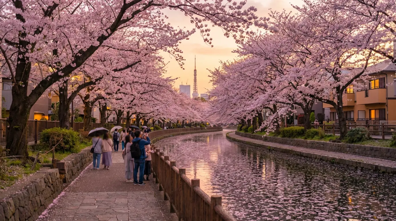 Cherry blossoms along a Tokyo riverside