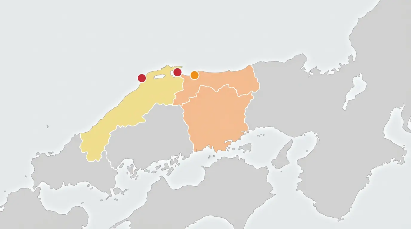 Map showing Tottori and Shimane prefectures with affected cities marked