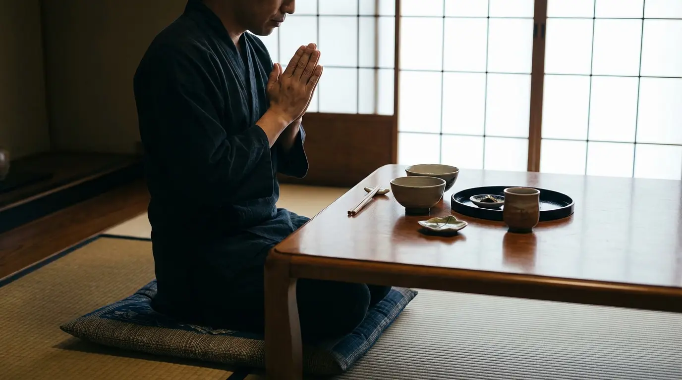 Person performing gassho before a traditional Japanese meal with a visible hashioki on the table