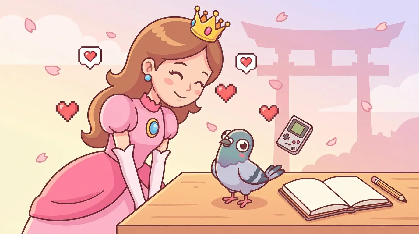 Playful illustration of a princess-like character smiling at a stylized pigeon with gaming cues, sakura petals, and an open notebook. Keywords: Japanese endearments in games, pigeon term usage in anime
